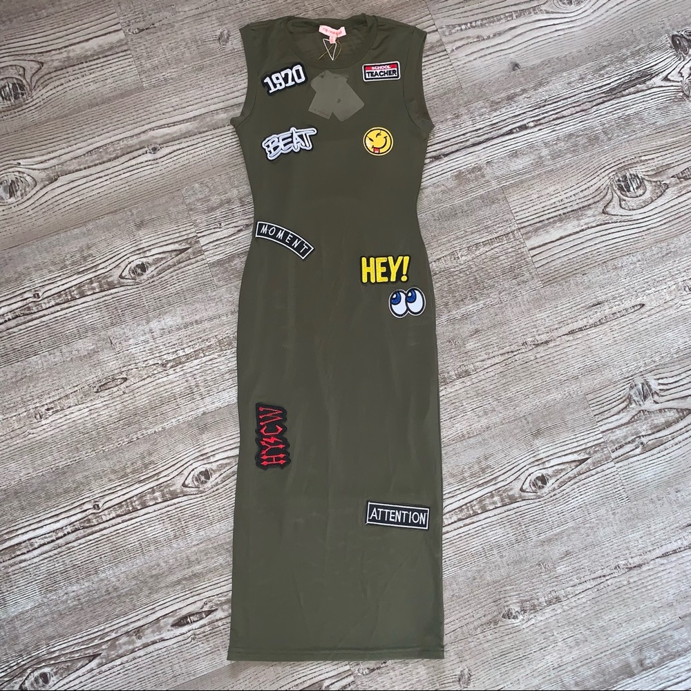 Small olive green Re:named sleeveless midi dress.